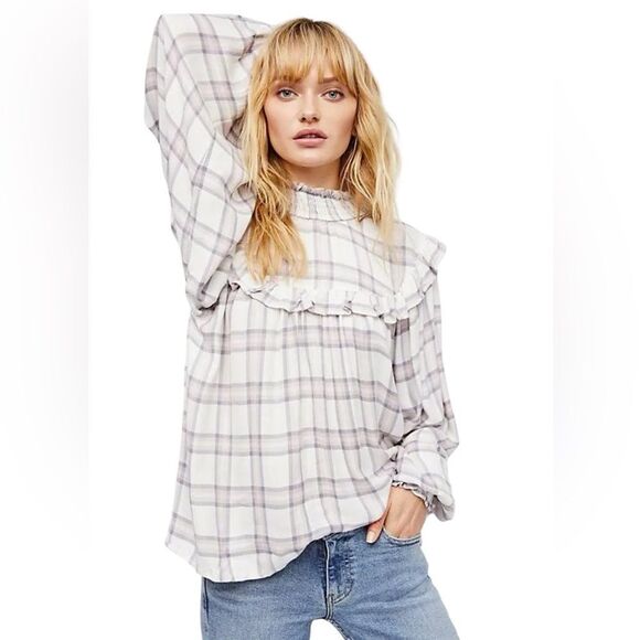 Free People Charlie Ruffle Plaid Mockneck Blouse - Picture 7 of 7